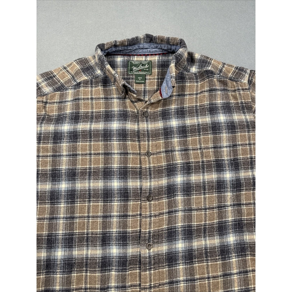 Woolrich Mens XL Heavy BROWN BLUE Plaid L/S Flannel Button Up FLAP POCKETS